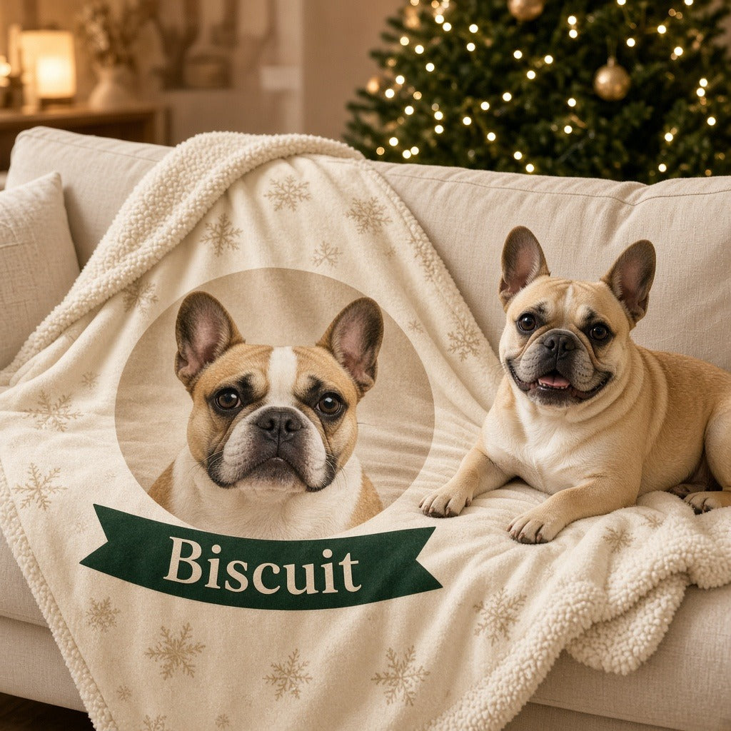 Custom pet photo Sherpa blanket with dog on sofa