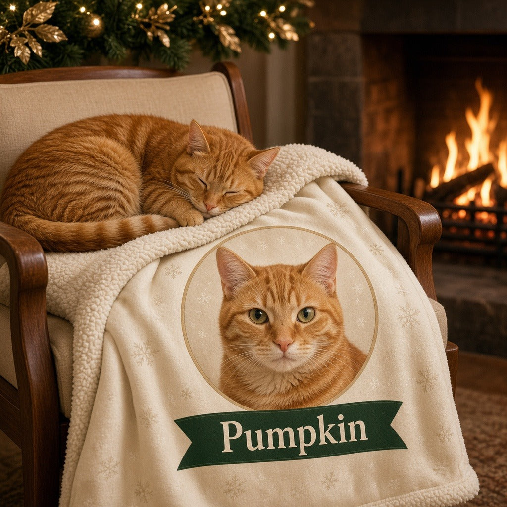 Custom pet photo Sherpa blanket with cat by fireplace