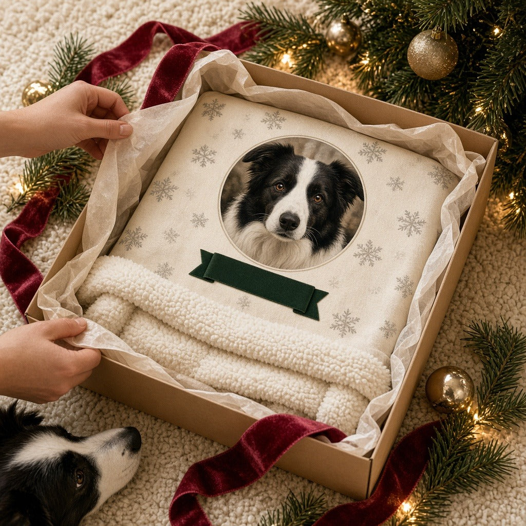 Custom pet photo Sherpa blanket as a gift being unwrapped
