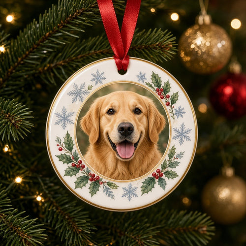 Custom pet photo Christmas ornament with dog on tree