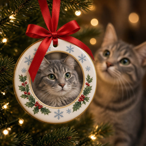 Custom pet photo Christmas ornament with cat on tree