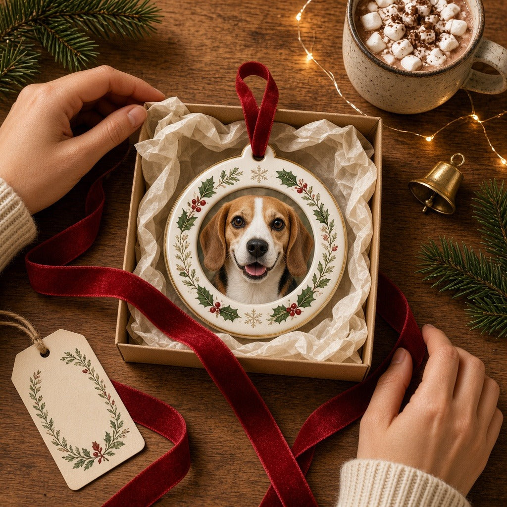 Custom pet photo Christmas ornament as a gift being unwrapped
