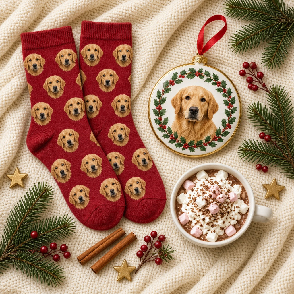 Custom pet face socks flat lay with Christmas treats