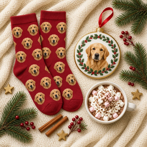 Custom pet face socks flat lay with Christmas treats