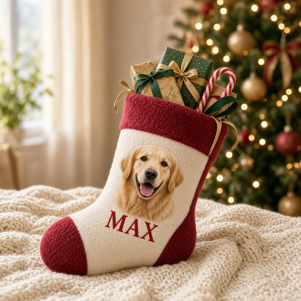 Custom pet photo Christmas stocking on Christmas morning