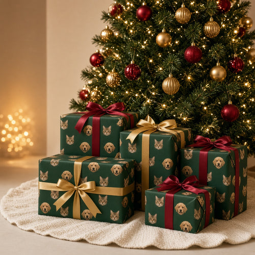 Pet face wrapping paper on gifts under the tree