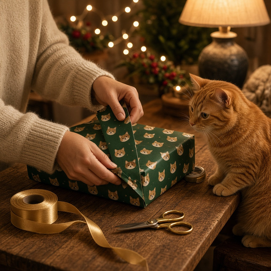 Wrapping a gift with custom pet face wrapping paper